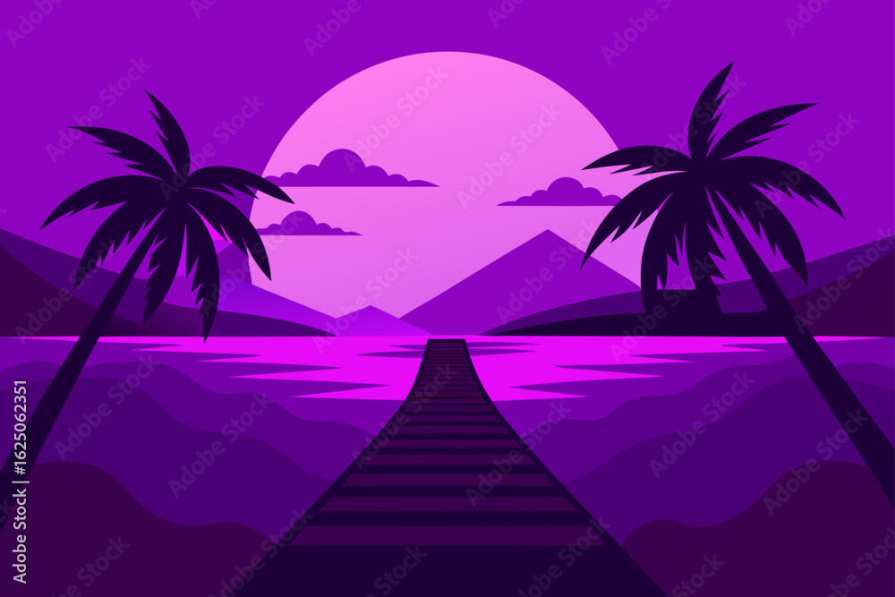 Fototapeta premium Tropical sunset with palm trees and a pier over the ocean