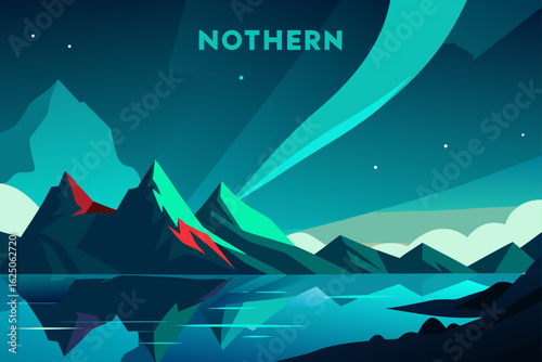 Stylized northern landscape with mountains and reflecting water