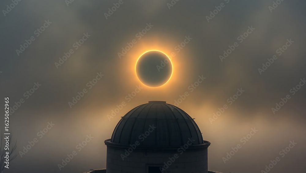Obraz premium Solar eclipse with a bright ring over a dome shaped building in a foggy and cloudy environment