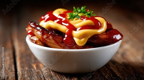 Wallpaper Mural This image showcases a bowl of mouthwatering BBQ ribs topped with ketchup and mustard, garnished with fresh thyme, presenting a tempting and flavorful dining experience. Torontodigital.ca