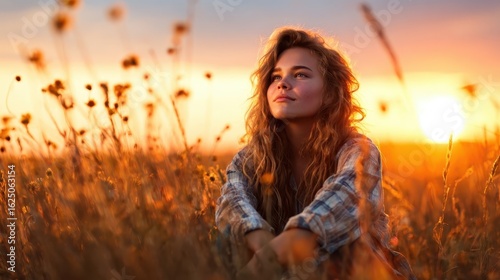A young woman gazes thoughtfully into the distance, surrounded by blooming flowers, as the warm glow of a sunset illuminates her features and creates a peaceful atmosphere.