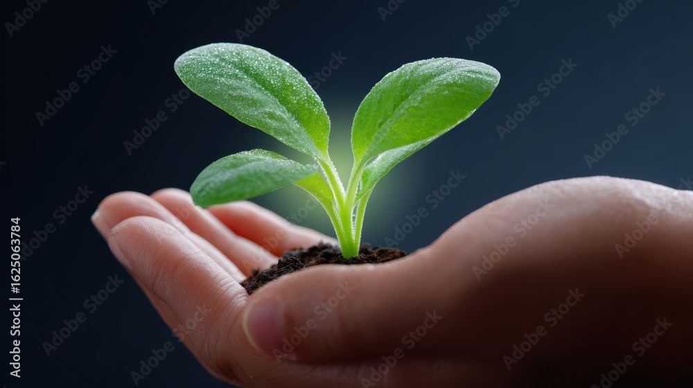 Conceptual image: A hand holding a small glowing plant, symbolizing the future of sustainable food. Growth, potential. Green, delicate. Conceptual image: A hand holding a small glowing plant, symbolizing the future of sustainable food. Growth, potential. Green, delicate.