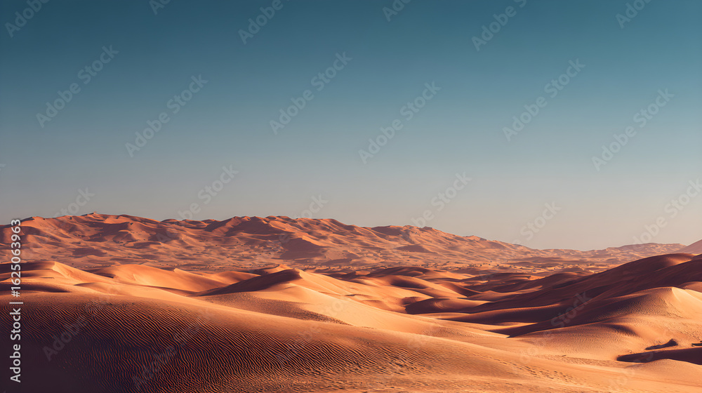 **Clear sky over a large desert with sand dunes stretching into the distance **Clear sky over a large desert with sand dunes stretching into the distance