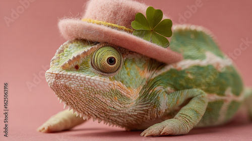 Chameleon in top hat with shamrock on pink background. St Patrick’s Day luck concept.