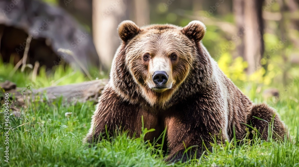 Fototapeta premium A brown bear sitting in a grassy field with trees in the background.