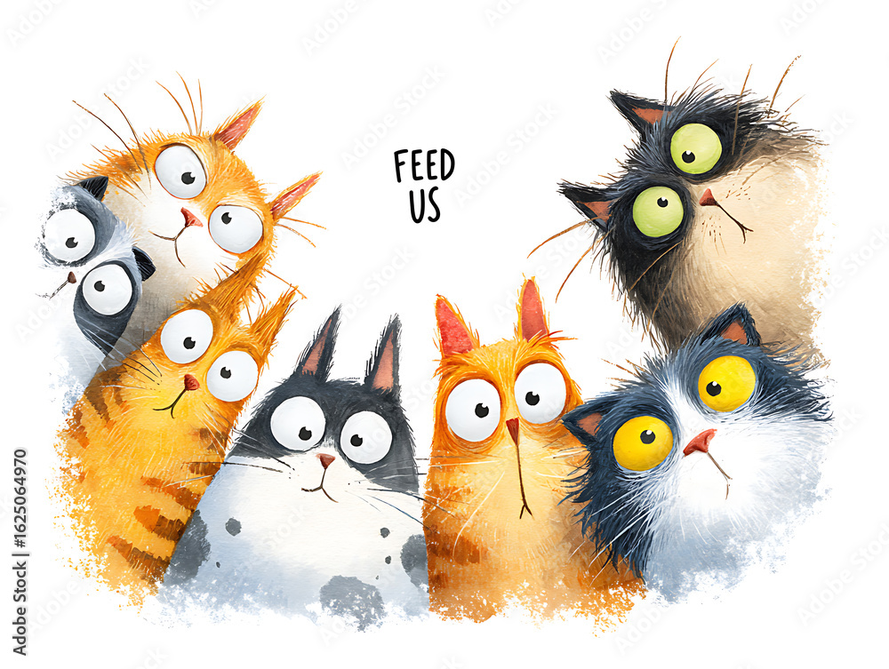 Obraz premium A whimsical gathering of cartoon cats with pleading eyes, urging viewers to 'Feed Us' in a playful illustration.
