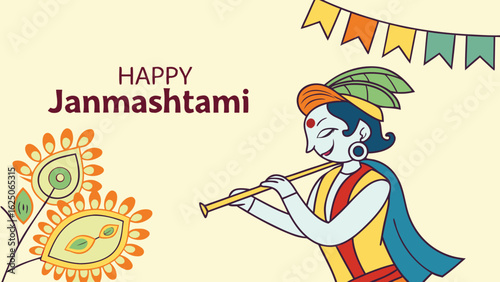 Happy Janmashtami festival poster template design with dahi handi and peacock feather.