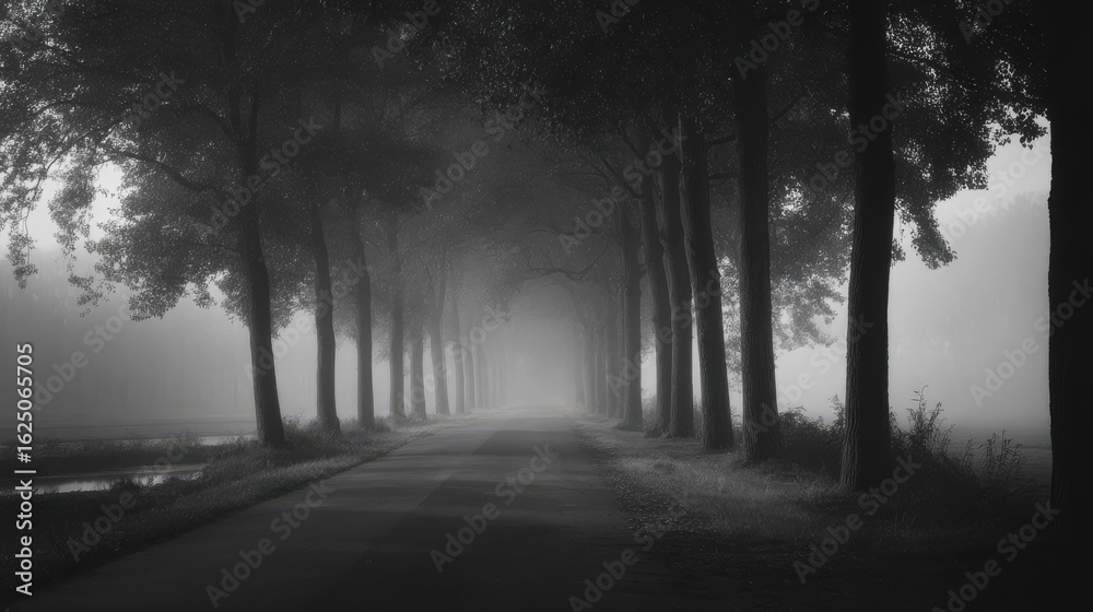 Fototapeta premium Eerie road view lined with tall trees disappearing into dense fog in monochrome