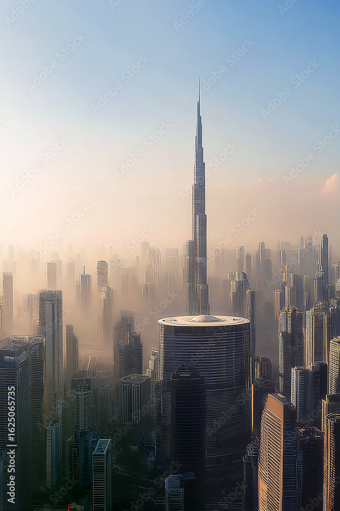 Naklejka premium Dubai futuristic city panoramic view at sunset