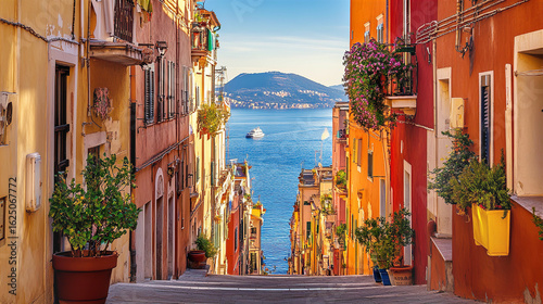 Amalfi coast town street view, Italian town on the sea, terraced houses decorated with flowers. Mediterranean travel concept