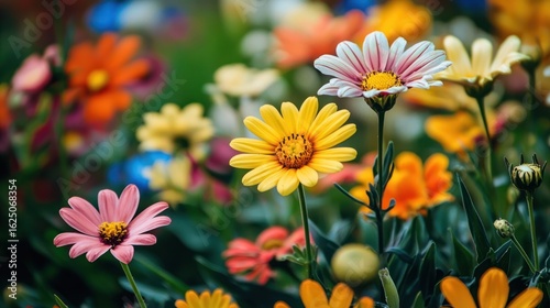 A vibrant flower garden with a variety of colorful daisies and other flowers.