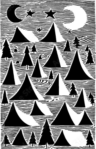 Camping adventure in black and white with tents under moonlit mountain sky
