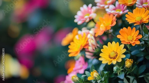 A vibrant bouquet of colorful daisies in a garden setting.