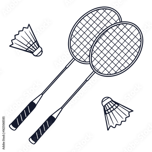 Hand drawn badminton rackets and shuttlecocks illustration. Vector