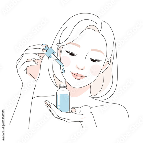 Woman applying serum or essence to her face with a dropper, holding a bottle of beauty product.