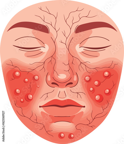 Illustration depicting a face affected by rosacea, showing redness and visible blood vessels.