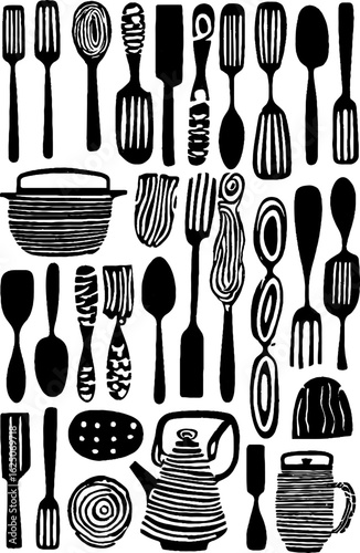 Abstract pattern of kitchen utensils with spoons and forks for culinary design