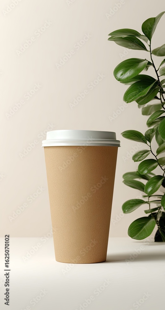 Beige coffee cup on white surface, plant backdrop Beige coffee cup on white surface, plant backdrop
