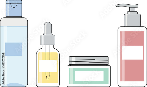 Four different containers of cosmetic products, including a lotion, serum, moisturizer, and toner.