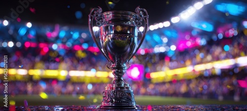 The trophy symbolizing victory in a vibrant sports celebration event.