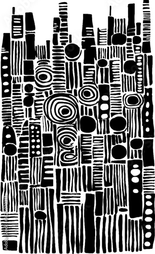 Abstract pattern of stylized city buildings and streets in monochrome design