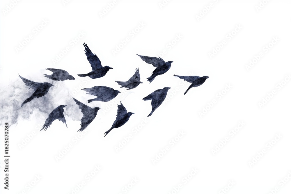 Fototapeta premium A Flock of Birds in Flight Silhouetted Against a White Background Creating a Sense of Freedom and Movement in Nature's Beauty