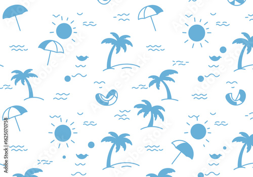 Seamless beach pattern isolated on white background featuring suns, palm trees, umbrellas, and waves, creating a summery and tropical vacation vibe