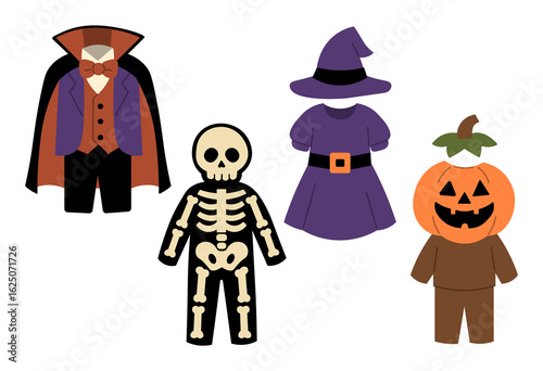Halloween Costume Set Illustration
An illustration of a Halloween costume set including a vampire, skeleton, witch, and pumpkin outfit.