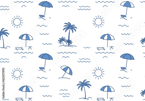Seamless beach pattern isolated on white background featuring suns, palm trees, umbrellas, and waves, creating a summery and tropical vacation vibe