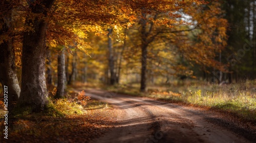 Golden autumn path through a serene Swedish forest with scattered leaves.