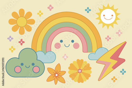 Retro Groovy Rainbow and Sun Illustration cloud