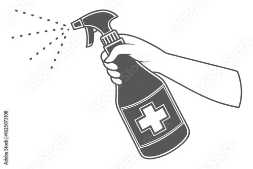 Hand holding a spray bottle and dispensing a sanitizing mist. A concept for hygiene, disinfection, and protection.