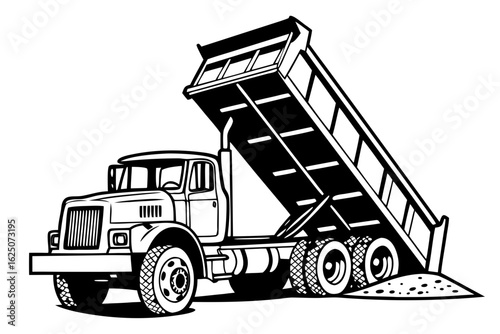 Monochrome vector illustration of a heavy-duty dump truck unloading sand or gravel at a construction site. Tipper lorry graphic.