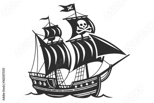 Monochrome vector illustration of a classic pirate ship with a Jolly Roger flag, sailing on the sea. A corsair galleon symbol.