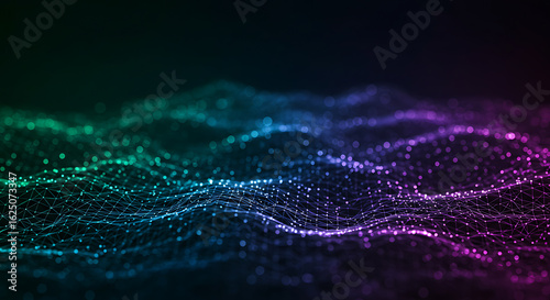 Abstract flowing waves of glowing particles in vibrant green and purple hues