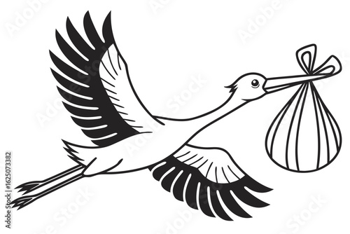 A classic black and white illustration of a flying stork carrying a bundle, symbolizing a new baby's arrival and childbirth announcement.