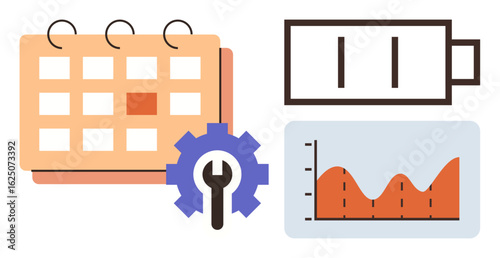 Calendar with highlighted date, low battery icon, analytics graph, and gear for settings. Ideal for workflow, planning, productivity, scheduling, analytics time management and progress tracking