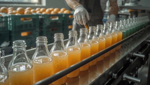 Bottled orange juice on a conveyor belt in a food processing factory