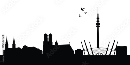 Munich skyline silhouette with olympic stadium and tv tower