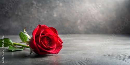 Single red rose lying on a textured surface with soft lighting
