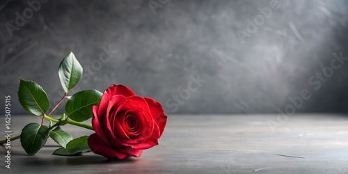 Single red rose with green leaves on a textured surface with dramatic lighting