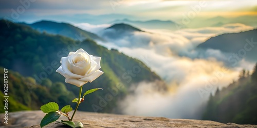 Delicate white rose blooms on a rocky ledge overlooking a misty mountain valley at sunrise