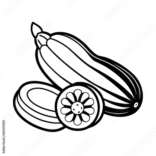 Illustration of a whole zucchini and a sliced zucchini with visible seeds in black and white style