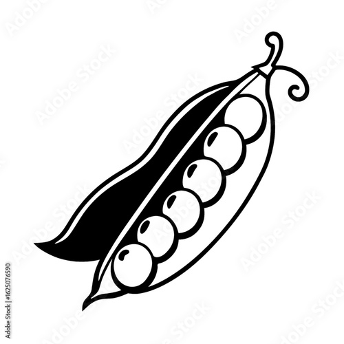 Illustration of a pea pod with five peas inside in black and white vector format graphic design art