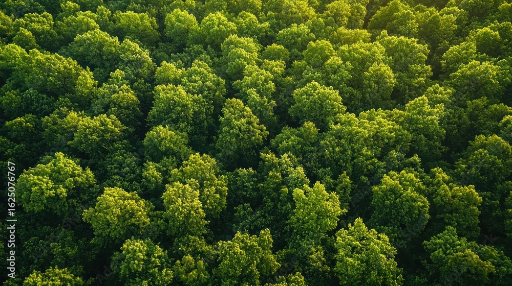 Naklejka premium A dense forest canopy with green leaves and sunlight filtering through.
