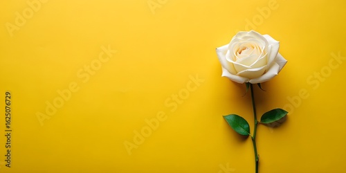 Single delicate white rose with green leaves against a vibrant yellow background