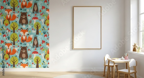 Child's room interior: whimsical woodland animal wallpaper, blank canvas, minimalist furniture.