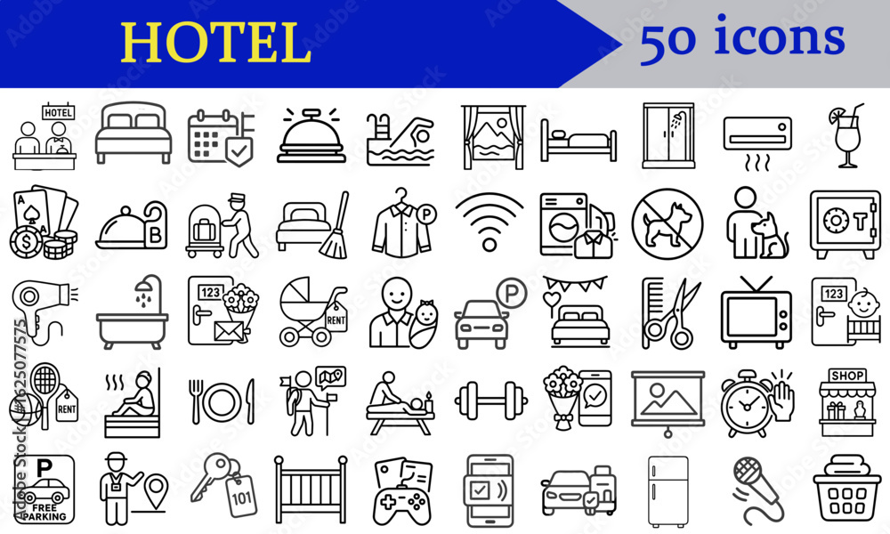 Fototapeta premium Hotel icons collection featuring 50 various hospitality symbols 