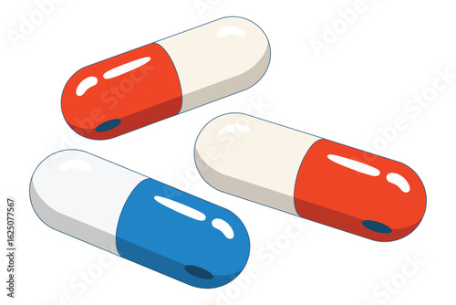 Three red and blue pharmaceutical capsules isolated, symbolizing a critical choice, dilemma, or medical treatment decision.