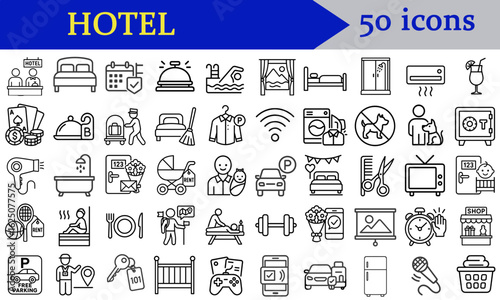 Hotel icons collection featuring 50 various hospitality symbols  